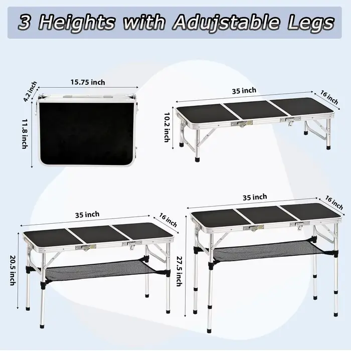 Table de camping pliante avec filet de rangement, table pliante en aluminium de 3 pieds avec 3 haute