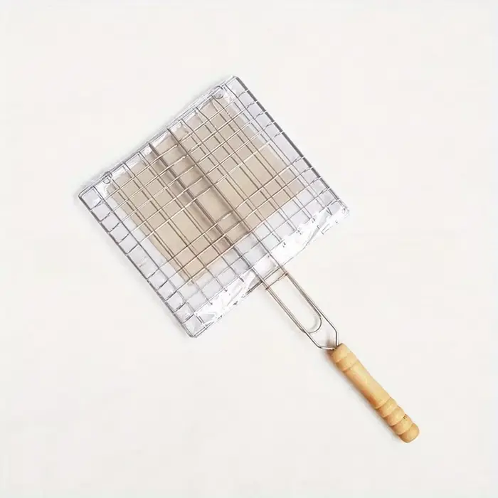Barbecue grillé réutilisable viande poisson pince support manche en bois métal gril maille pliable B