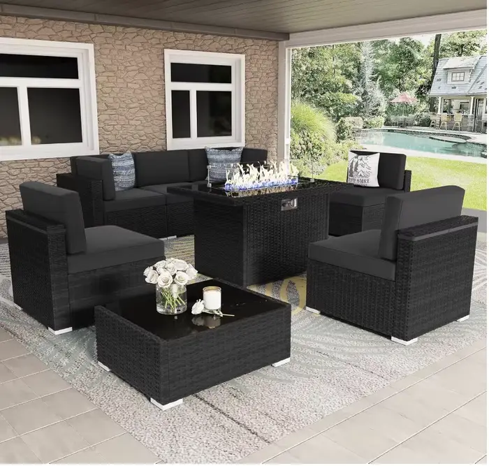 Ensemble de meubles avec table de foyer au gaz propane 44 ", 8 pièces, canapé de conversation WUNICE
