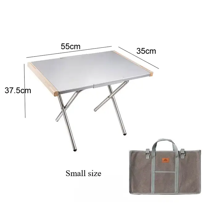 Table de camping extérieure portable avec sac de rangement, acier inoxydable, côté bois, barbecue et