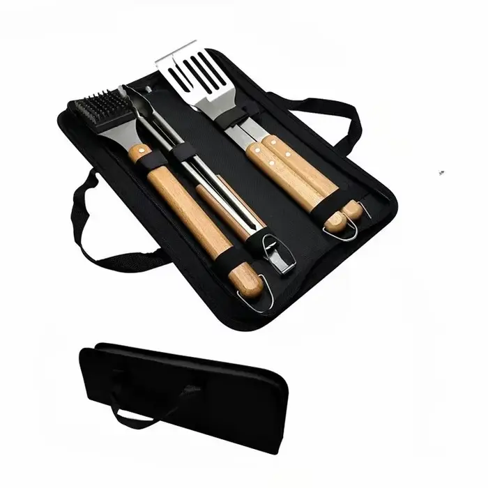 Ensemble d'outils de Barbecue en acier inoxydable, 4 pièces, pour barbecue en plein air, manche en b