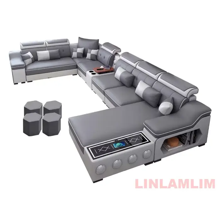 Linlamlim Ensemble de canapés sectionnels modernes en tissu avec chaise longue, haut-parleurs Blueto