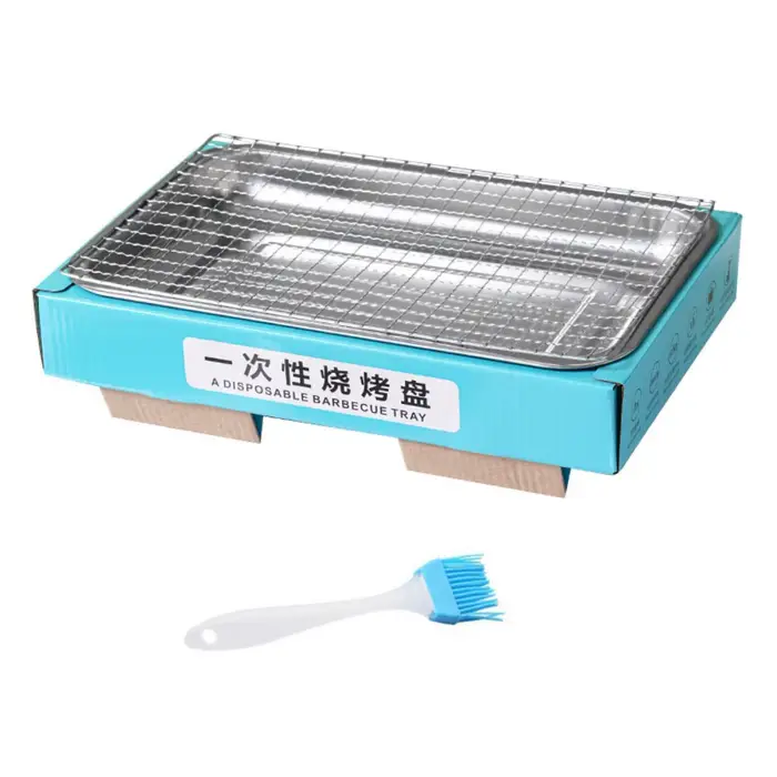 Grill de Barbecue jetable domestique, coque Anti-brûlure sans fumée, rectangulaire avec brosse, gril