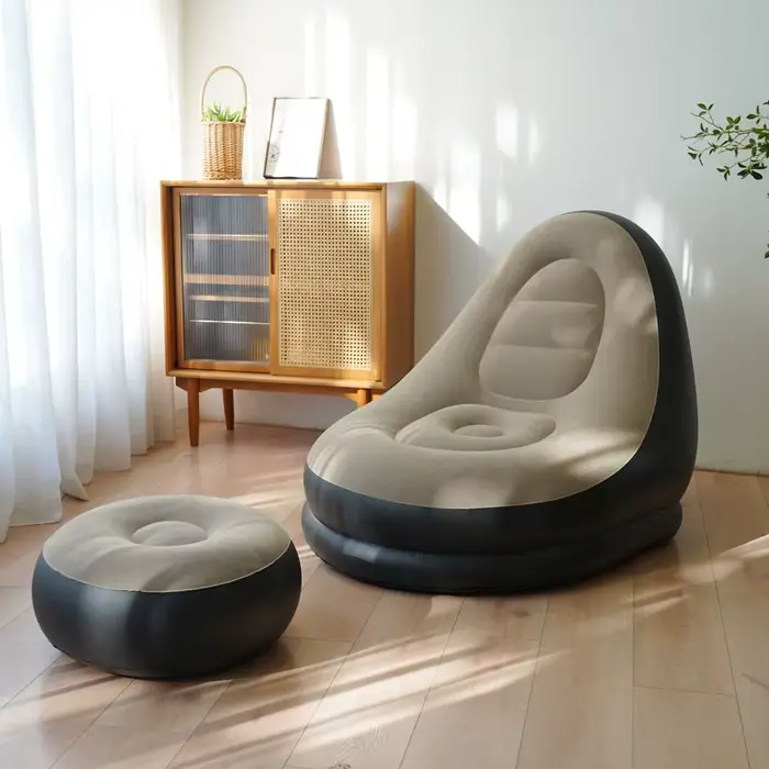 Chaise longue gonflable paresseuse, canapé floqué en Pvc avec tabouret de pied, canapé d'air pliable