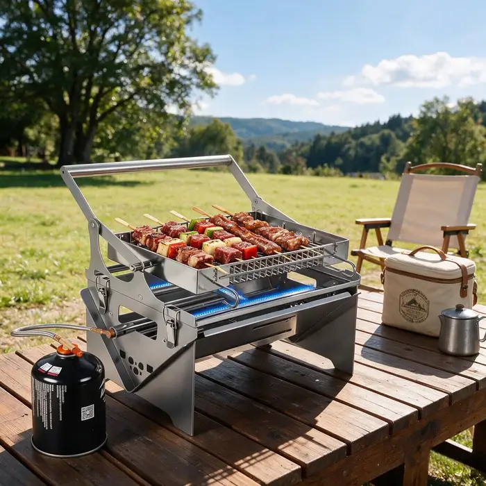 Barbecue à gaz portable, 360 ° Barbecue rotatif au charbon de bois, barbecue de camping en acier i