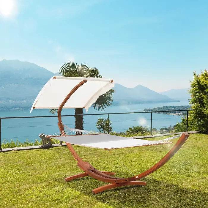 Hamac extérieur avec support et accessoires, cadre en bois robuste, auvent pare-soleil extra large