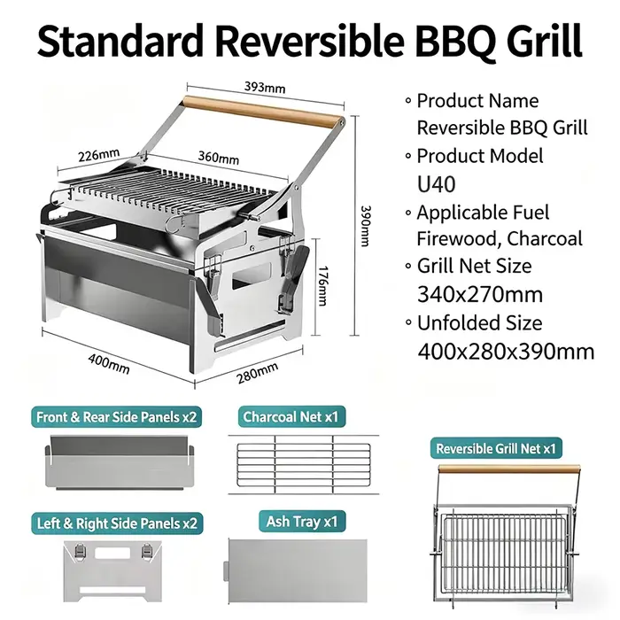 360 °   Barbecue au charbon de bois portable, pliable et rotatif en acier inoxydable avec grille amo