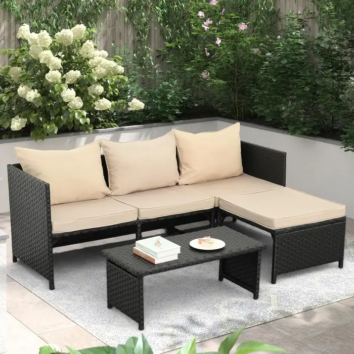 Ensemble de mobilier d'extérieur 3 pièces en rotin PE, canapé d'angle de conversation en osier noir