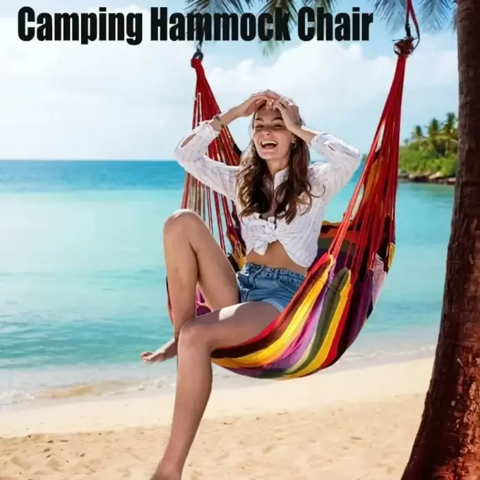 Fauteuil hamac confortable pour dortoir, chaise suspendue de jardin en toile rayée colorée avec sac de rangement, siège de balançoire de jardin en corde de coton