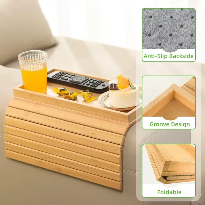 Plateau de bras de canapé en bambou, plateau de repose-bras de canapé pliable au fini en bambou natu