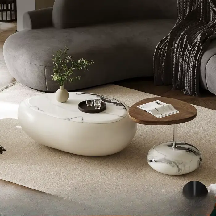Glamour moderne plateau Table basse luxe Salon italien Beige ovale Tables d'appoint ronde empilable 