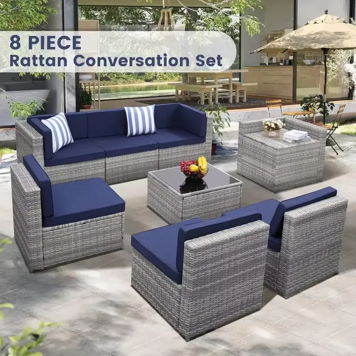 Ensemble segmenté de meubles de patio d'extérieur en rotin de 8 pièces, table à plateau en verre ave