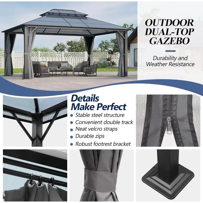 Gazebo rigide en polycarbonate 12x16 pieds avec double toit – Gazebo à cadre en acier robuste avec f