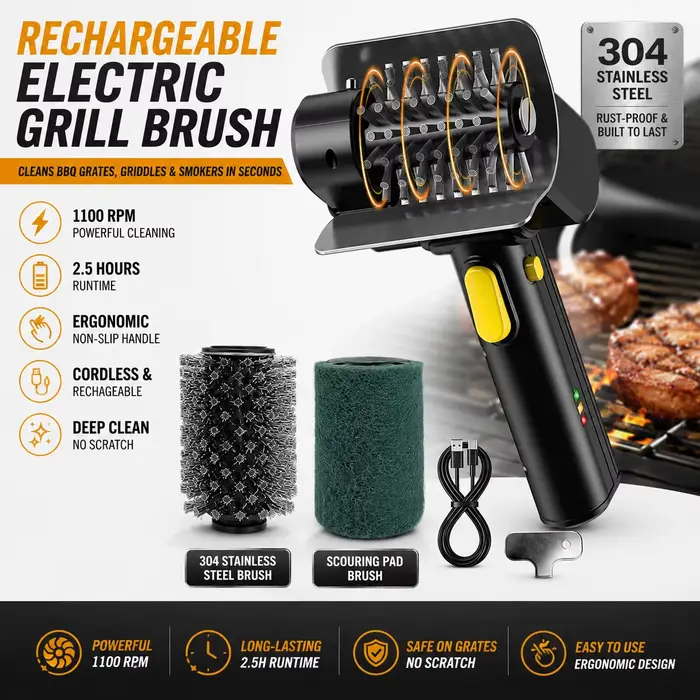 Brosse de nettoyage électrique rechargeable pour barbecue 1100 tr/min