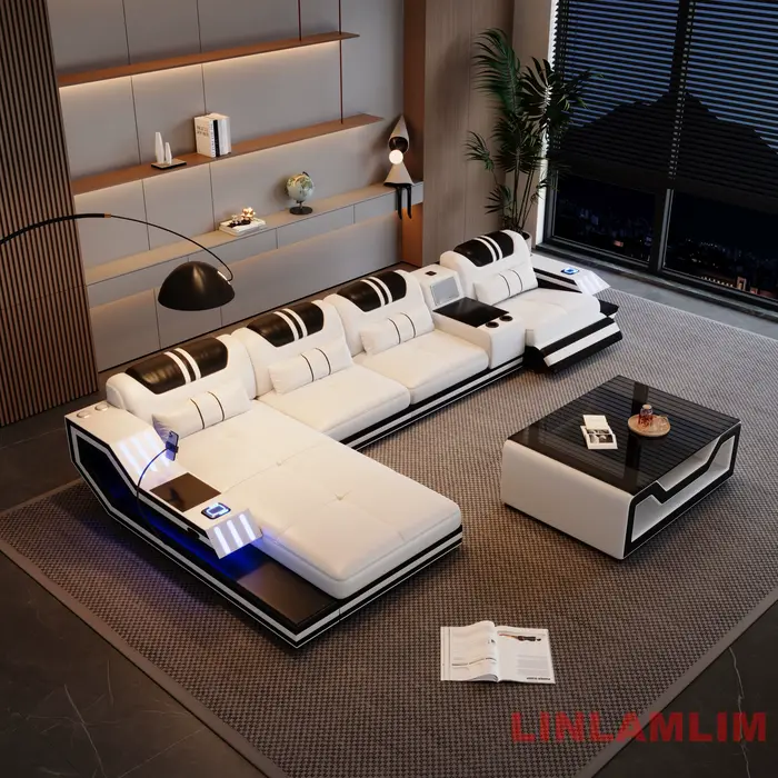 Canapé-lit sectionnel convertible en cuir véritable avec fauteuils inclinables électriques, rangemen