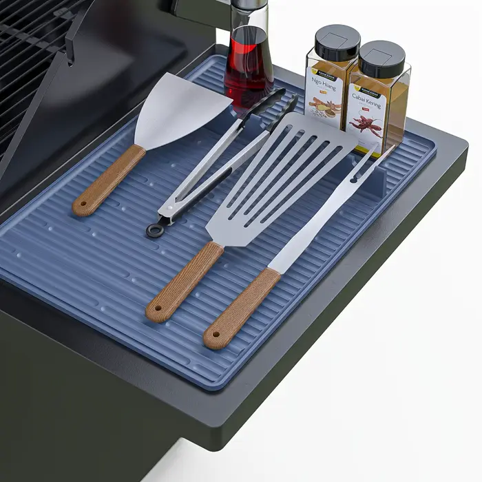 Tapis de gril en Silicone pour plaques noires, organisateur d'outils de barbecue avec tampon d'égouttement, spatule et porte-ustensiles pour la cuisine en plein air