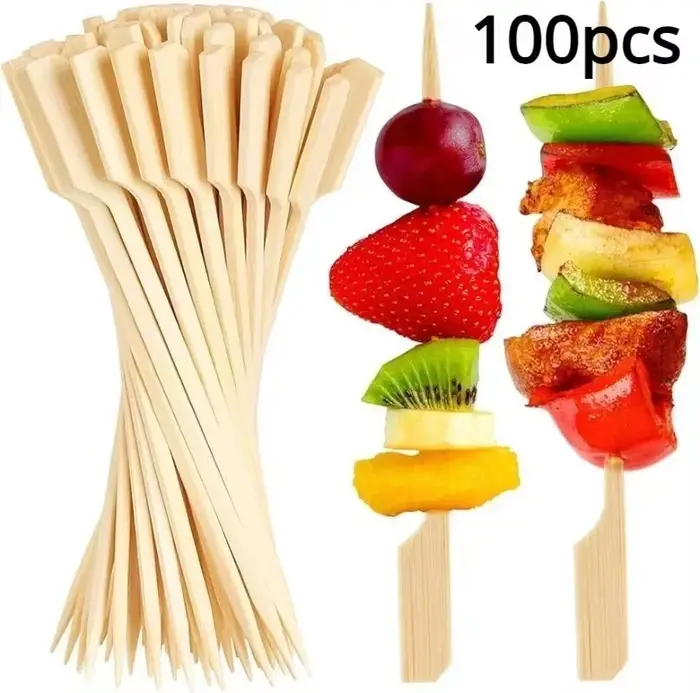 Brochettes de Barbecue en bois, garniture de Hamburger, bâtons de bambou, fourchettes jetables de 12