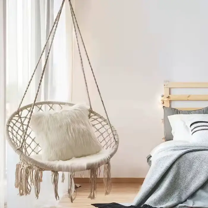 Fauteuil suspendu d'extérieur en corde de coton tressée avec pompons, panier balançoire paresseux po