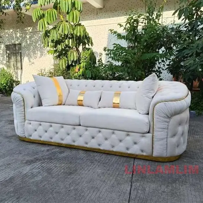 Ensemble de canapé sectionnel Chesterfield de luxe avec boutons en tissu